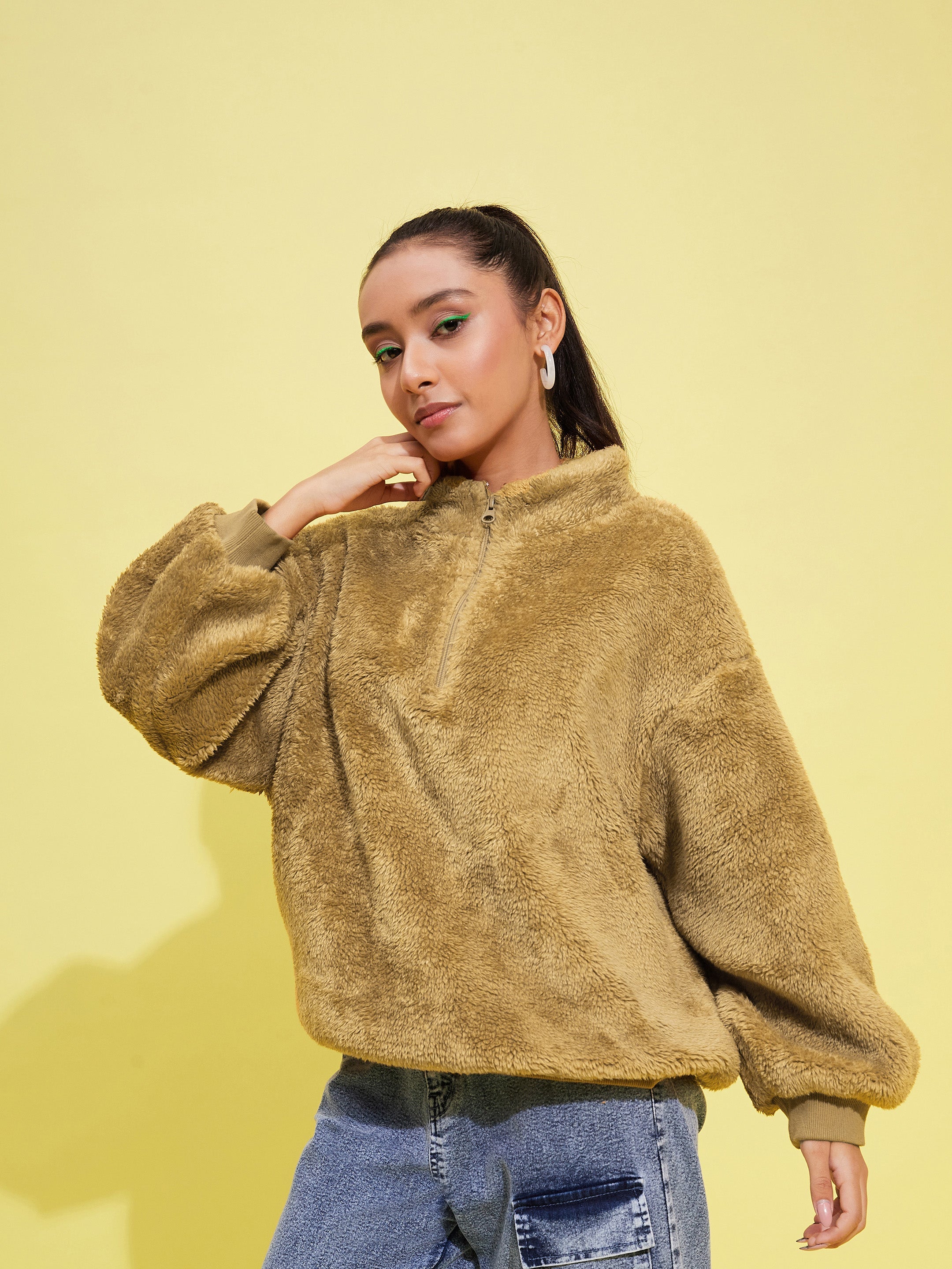 Lyush Girls Brown Fur Front Zipper Sweatshirt - Distacart