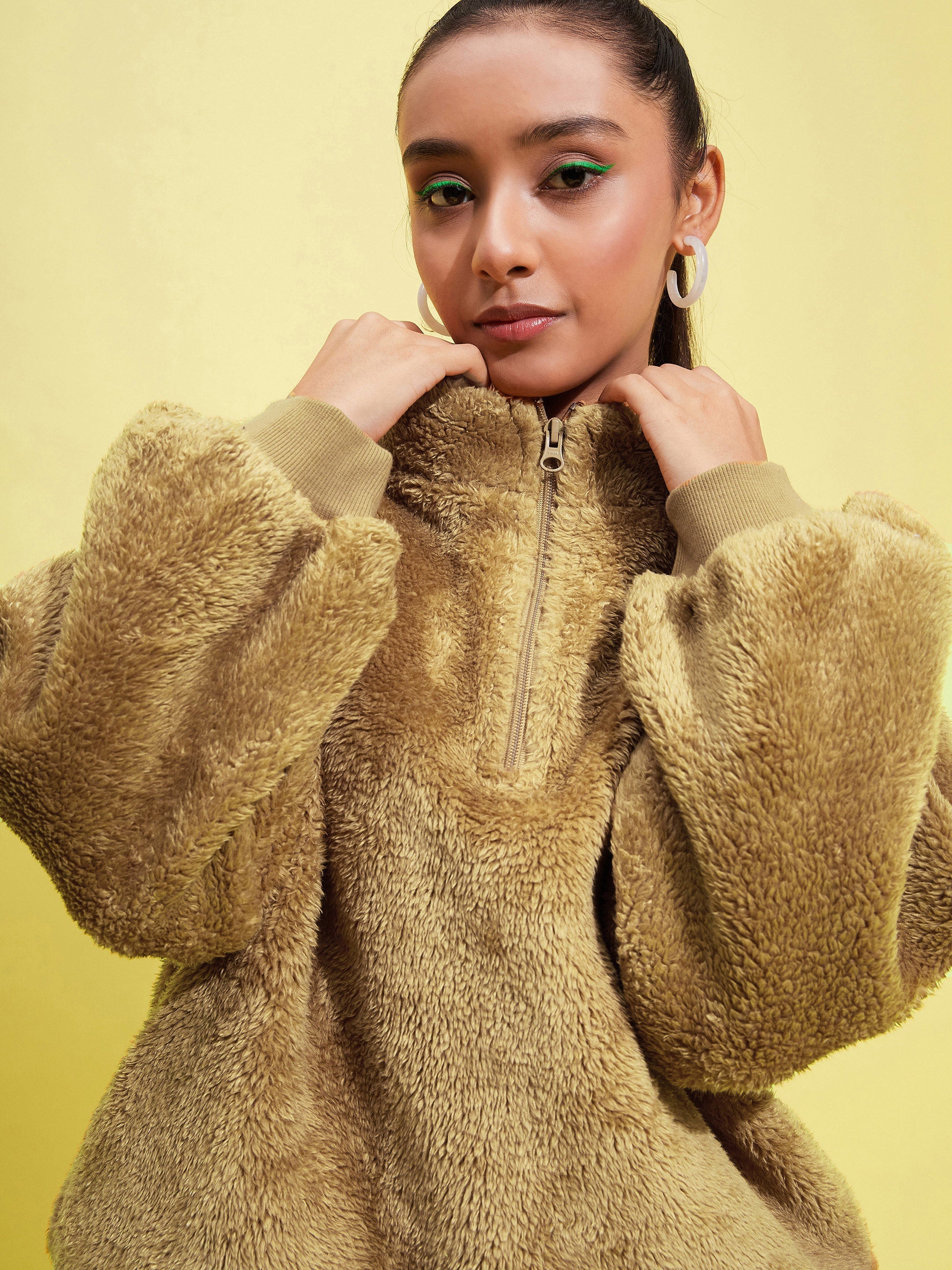 Lyush Girls Brown Fur Front Zipper Sweatshirt - Distacart