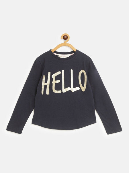 Lyush Navy HELLO Print Full Sleeve T-Shirts For Girls - Distacart