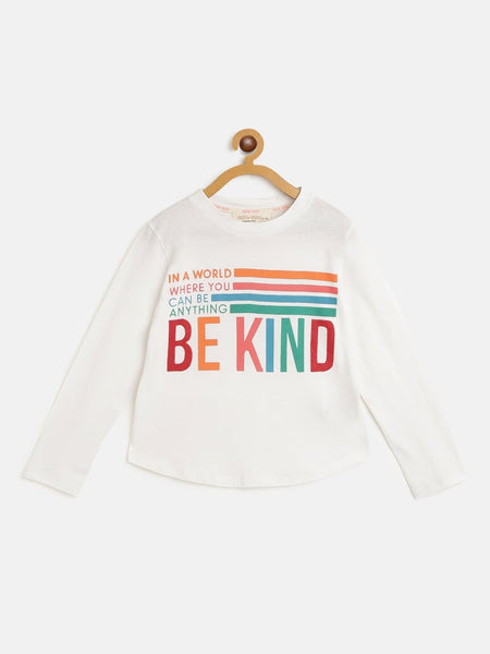 Lyush White BE KIND Print Full Sleeve T-Shirts For Girls - Distacart