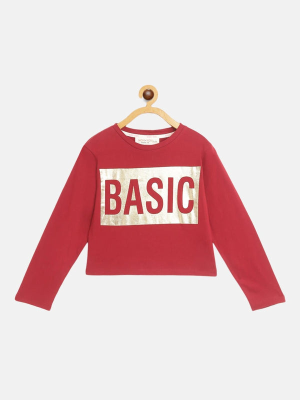 Lyush Maroon BASIC Print Full Sleeve Crop T-Shirts For Girls - Distacart