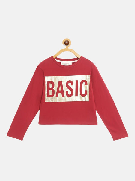 Lyush Maroon BASIC Print Full Sleeve Crop T-Shirts For Girls - Distacart