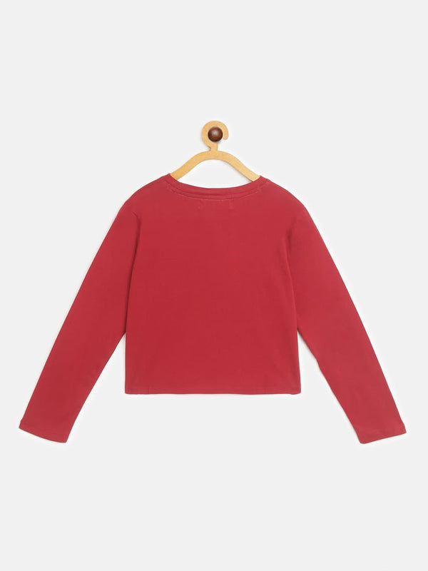 Lyush Maroon BASIC Print Full Sleeve Crop T-Shirts For Girls - Distacart