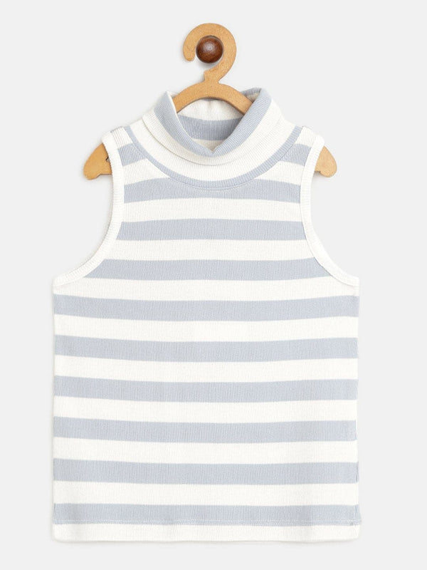 Lyush Blue & White Stripes Sleeveless High Neck Rib Top For Girls - Distacart