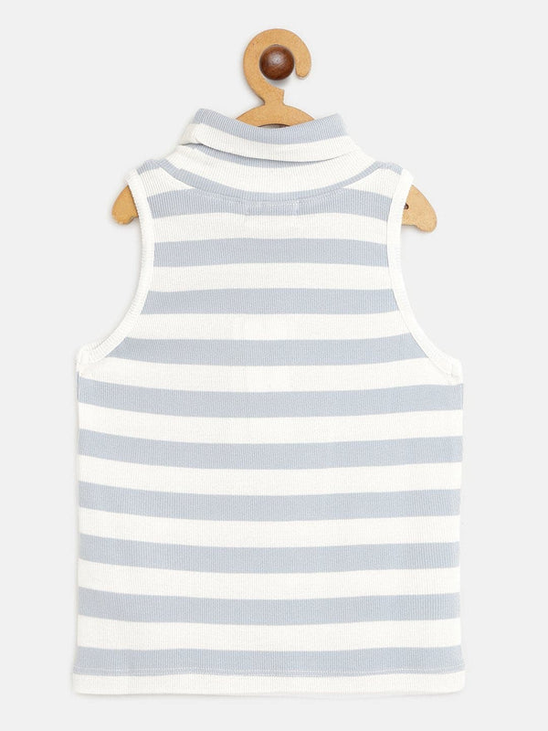 Lyush Blue & White Stripes Sleeveless High Neck Rib Top For Girls - Distacart
