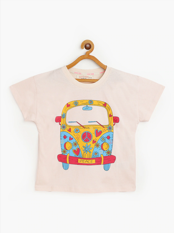 Lyush Cream Bus Print Regular T-Shirt For Girls - Distacart