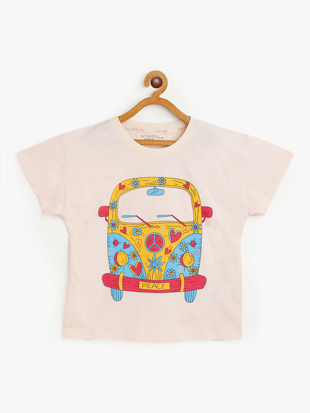 Lyush Cream Bus Print Regular T-Shirt For Girls - Distacart