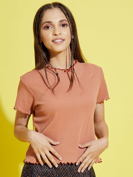 Lyush Dark Nude High Neck Rib Crop Top For Girls - Distacart