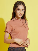 Thumbnail for Lyush Dark Nude High Neck Rib Crop Top For Girls - Distacart