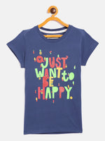Thumbnail for Lyush Navy Just Want To Be Happy T-Shirt For Girls - Distacart