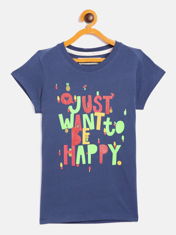 Lyush Navy Just Want To Be Happy T-Shirt For Girls - Distacart