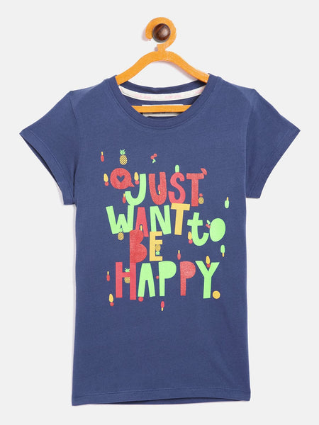 Lyush Navy Just Want To Be Happy T-Shirt For Girls - Distacart