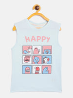 Thumbnail for Lyush Blue Happy Print Sleeveless T-Shirt For Girls - Distacart