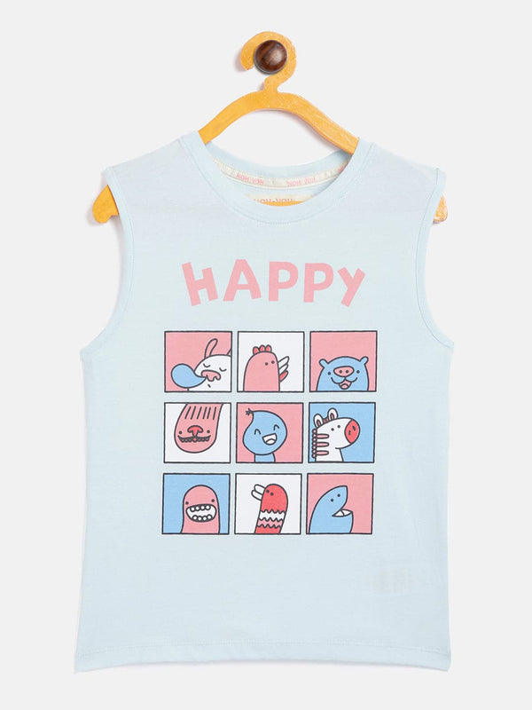 Lyush Blue Happy Print Sleeveless T-Shirt For Girls - Distacart