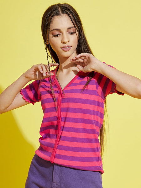 Lyush Pink & Purple Stripes Front Button Rib Top For Girls - Distacart