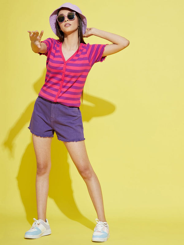 Lyush Pink & Purple Stripes Front Button Rib Top For Girls - Distacart