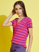 Thumbnail for Lyush Pink & Purple Stripes Front Button Rib Top For Girls - Distacart