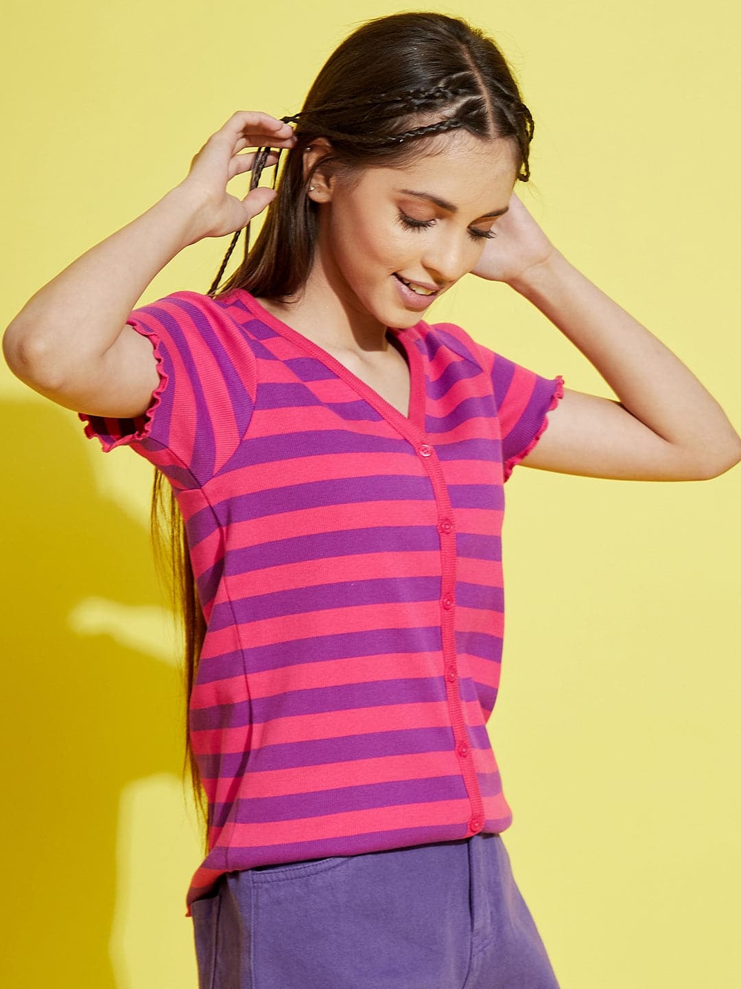 Lyush Pink & Purple Stripes Front Button Rib Top For Girls - Distacart