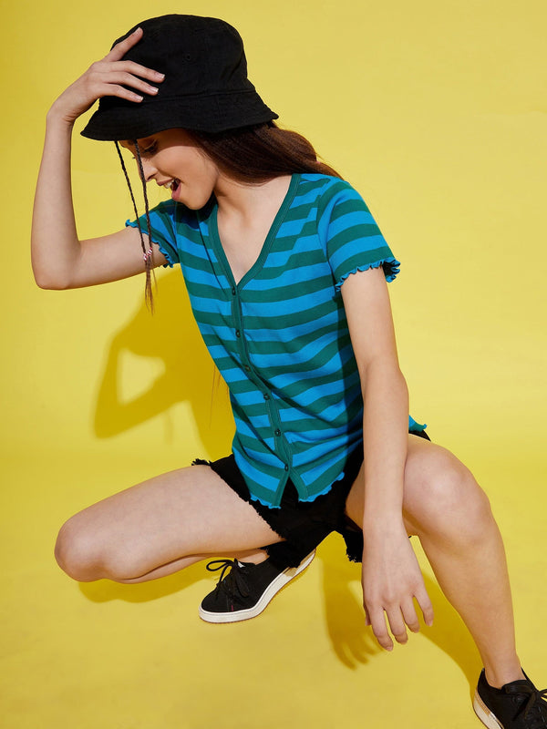 Lyush Blue & Green Stripes Front Button Rib Top For Girls - Distacart