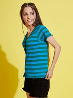 Thumbnail for Lyush Blue & Green Stripes Front Button Rib Top For Girls - Distacart