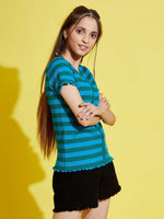 Thumbnail for Lyush Blue & Green Stripes Front Button Rib Top For Girls - Distacart