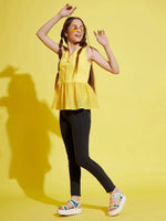 Thumbnail for Lyush Yellow Front Button Schiffli Peplum Top For Girls - Distacart