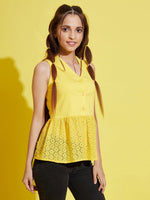 Thumbnail for Lyush Yellow Front Button Schiffli Peplum Top For Girls - Distacart