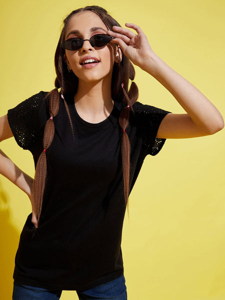 Lyush Black Schiffli Detail T-Shirt For Girls - Distacart