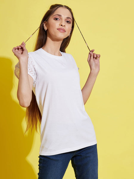 Lyush White Schiffli Detail T-Shirt For Girls - Distacart