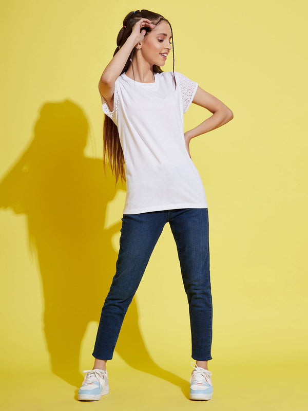 Lyush White Schiffli Detail T-Shirt For Girls - Distacart
