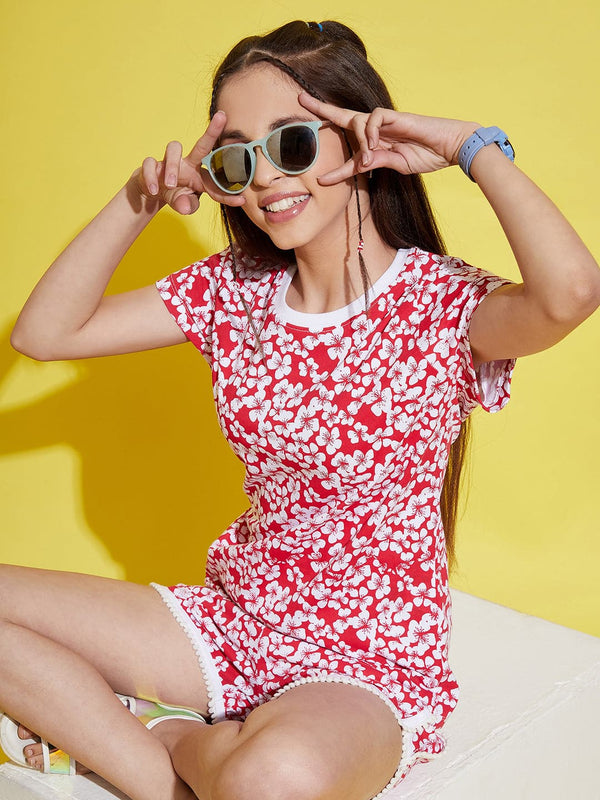 Lyush White Floral Print T-Shirt For Girls - Distacart