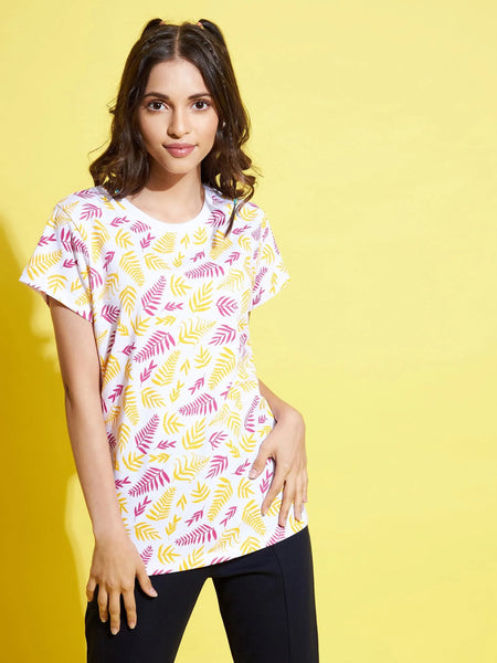 Lyush White Leaf Print T-Shirt For Girls - Distacart