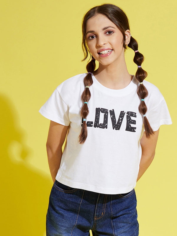 Lyush White LOVE Print Crop T-Shirt For Girls - Distacart