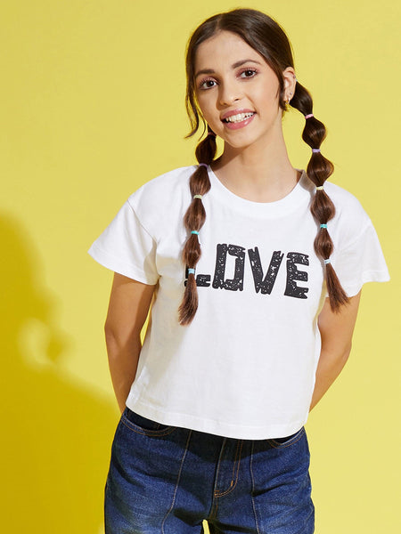 Lyush White LOVE Print Crop T-Shirt For Girls - Distacart