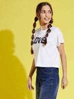 Thumbnail for Lyush White LOVE Print Crop T-Shirt For Girls - Distacart