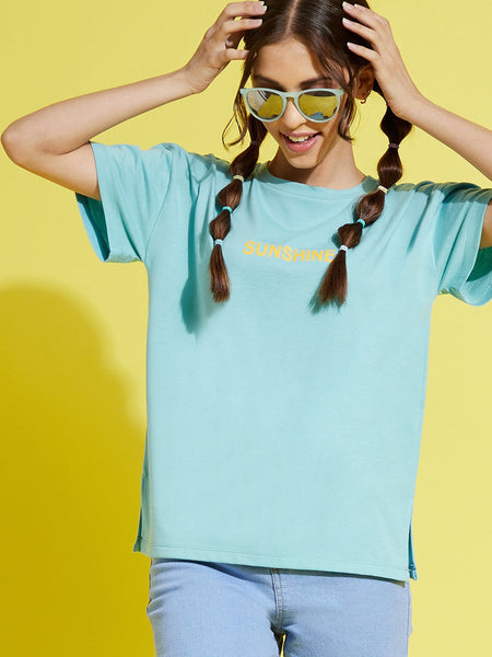 Lyush Blue SUNSHINE Drop Shoulder T-Shirt For Girls - Distacart