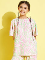 Thumbnail for Lyush Pink & Green Abstract Waves Knit Drop Shoulder Top For Girls - Distacart