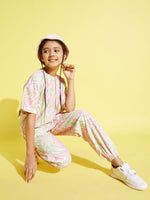Thumbnail for Lyush Pink & Green Abstract Waves Knit Drop Shoulder Top For Girls - Distacart