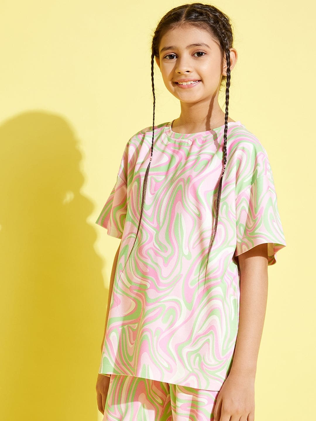 Lyush Pink & Green Abstract Waves Knit Drop Shoulder Top For Girls - Distacart