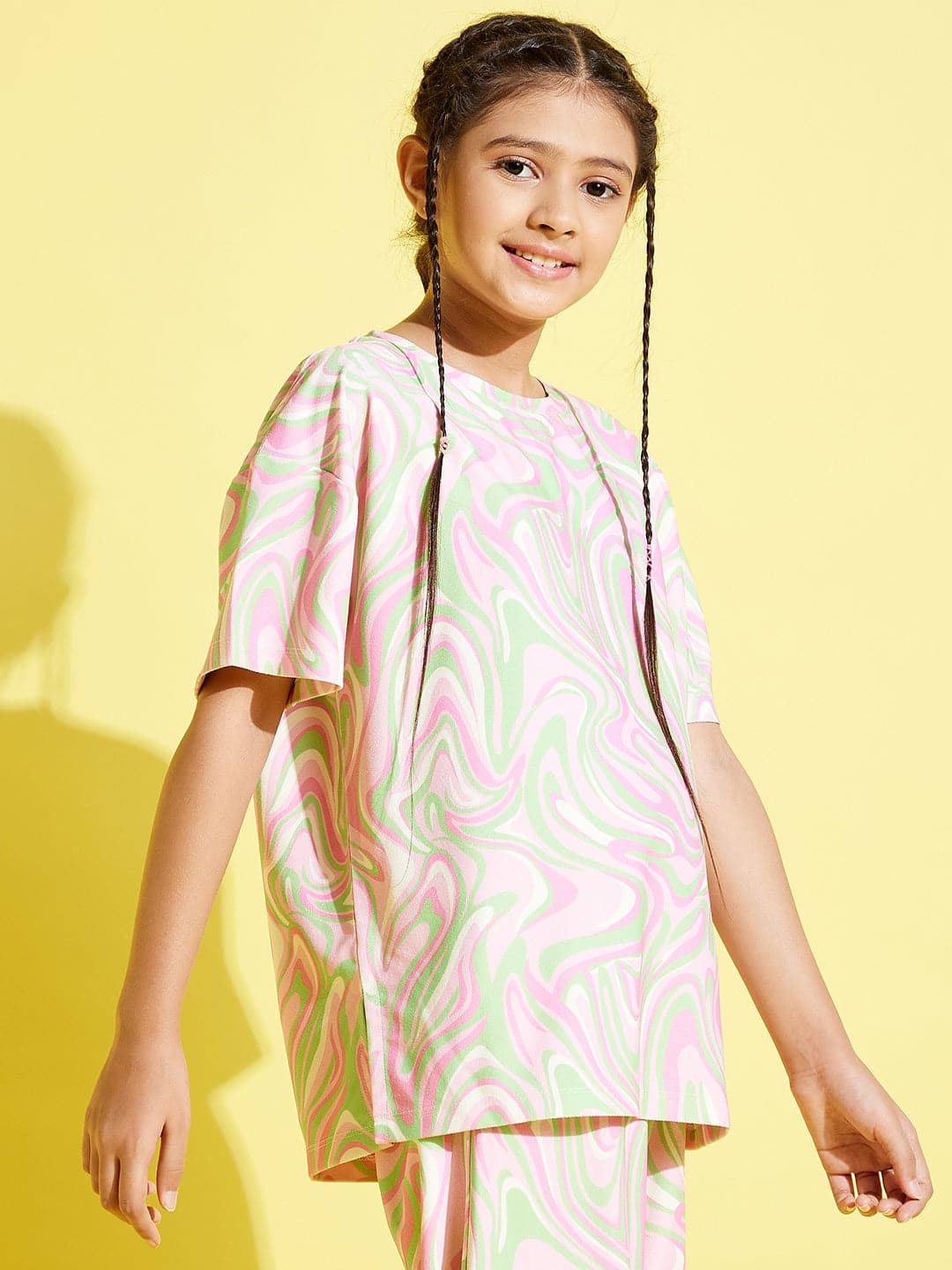 Lyush Pink & Green Abstract Waves Knit Drop Shoulder Top For Girls - Distacart