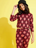 Thumbnail for Lyush Red & Black Geometric Full Sleeve Crop Top For Girls - Distacart