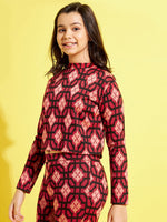 Thumbnail for Lyush Red & Black Geometric Full Sleeve Crop Top For Girls - Distacart