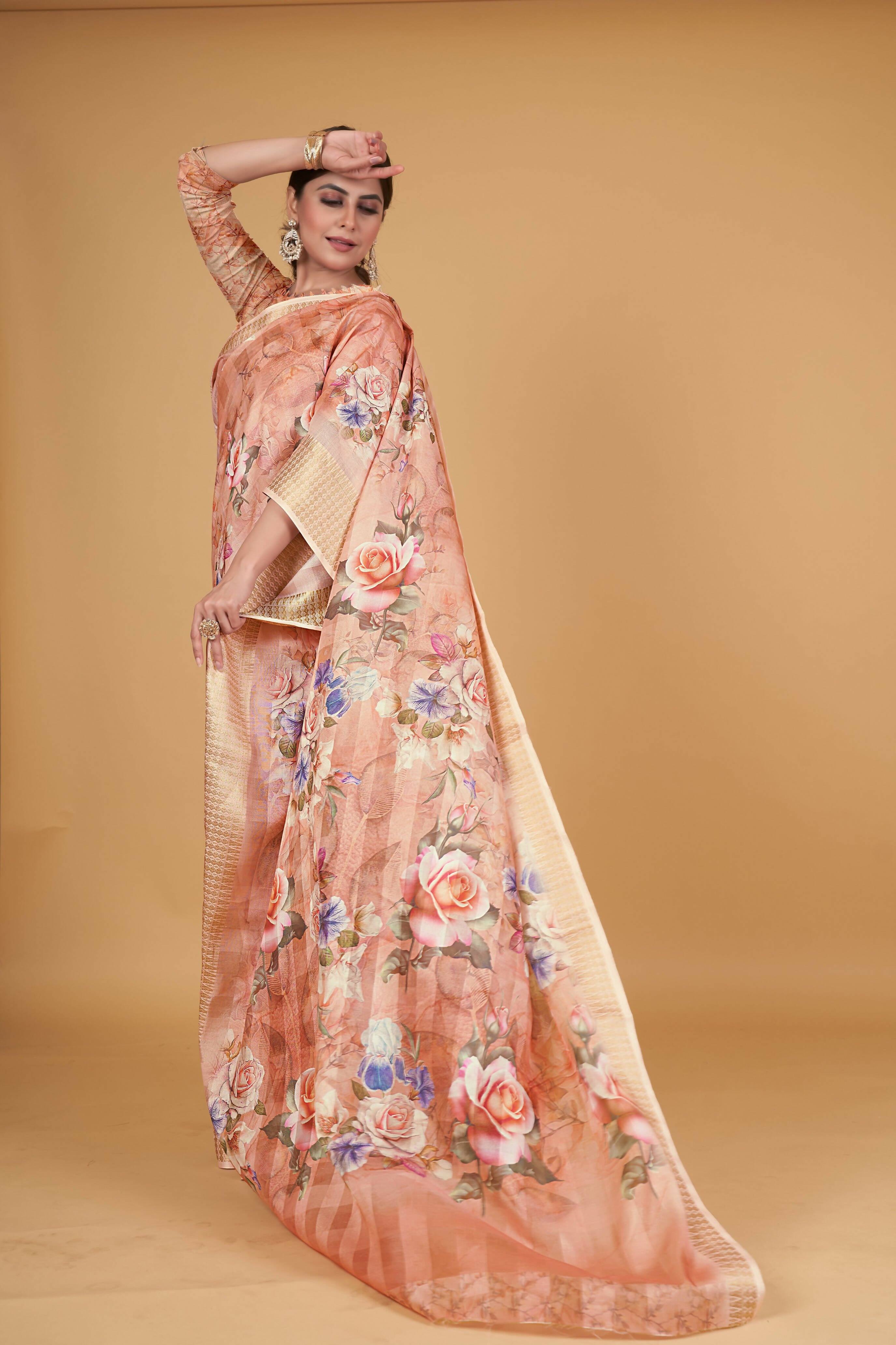 Orange Cotton Silk Digital Printed Saree With Unstitched Blouse Piece - Alisha - Distacart