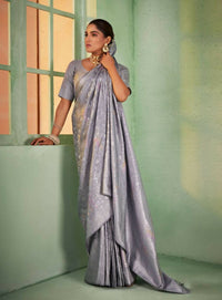 Thumbnail for Delightful Designer Grey Color Kanjivaram Silk Saree With Weaving Work - Yomika Fashions - Distacart