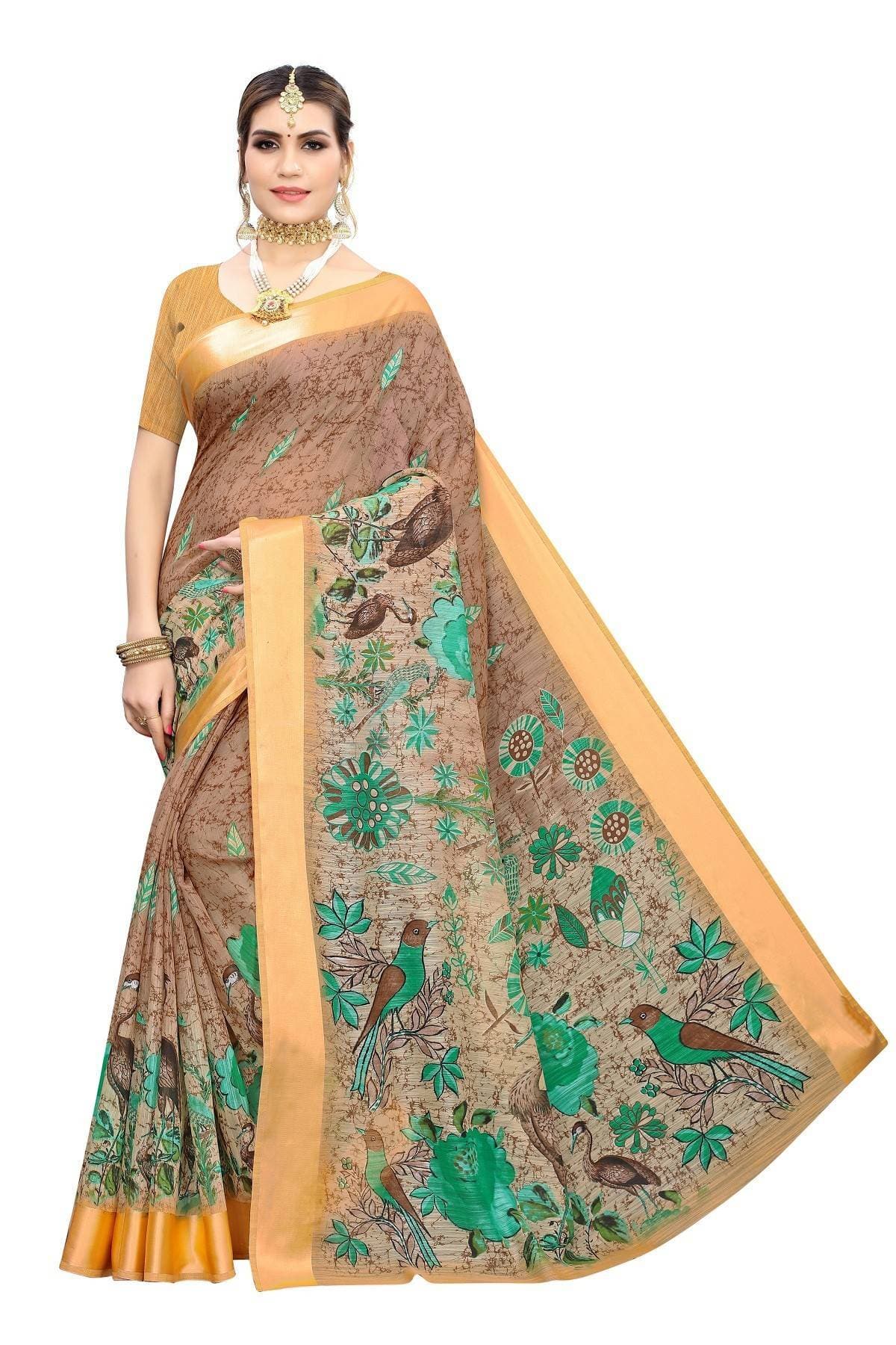 Vamika Orange Linen Digital Print with Satin Border Floral Saree