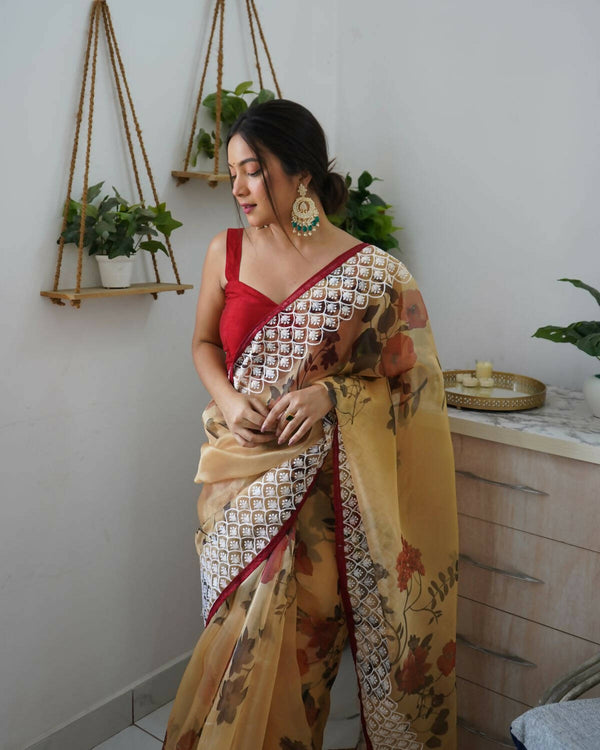 Vastrasky Mustard Organza Saree - Distacart