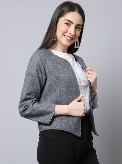Even Apparels Grey Pure Wool Open Front Statement Jacket - Distacart