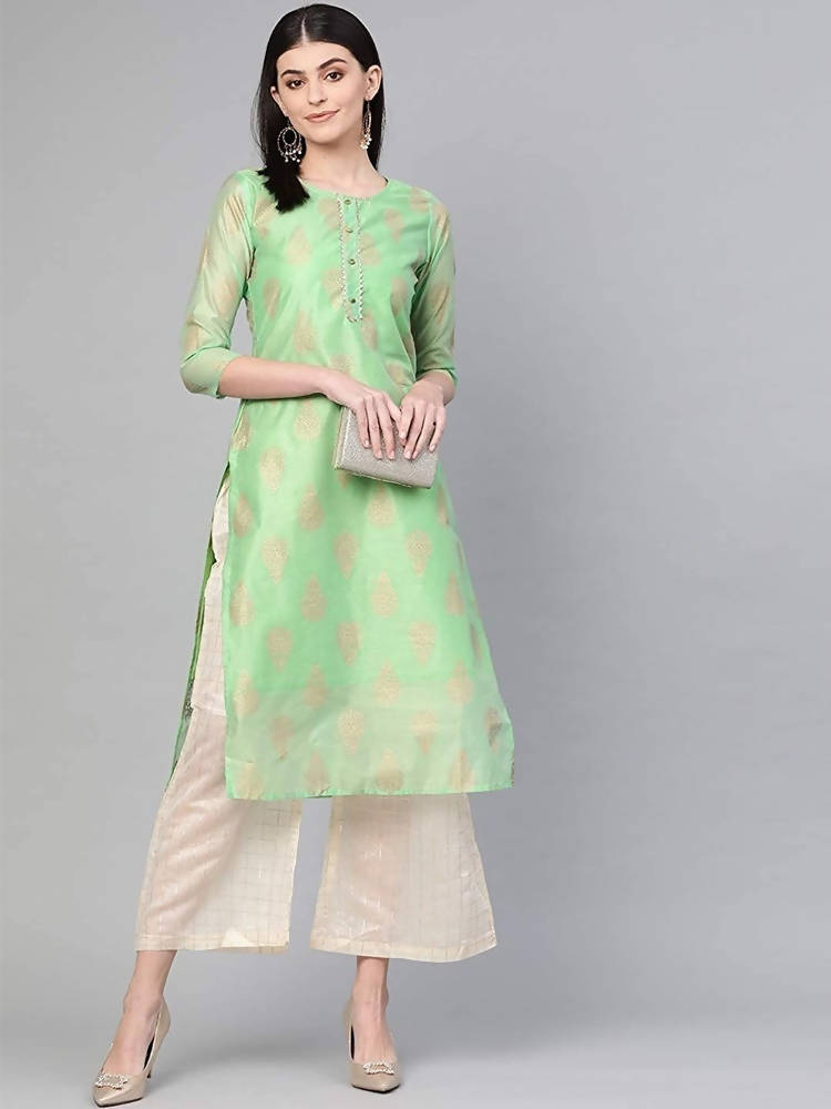 Yufta Women Green & Off-White Printed Kurta with Palazzo