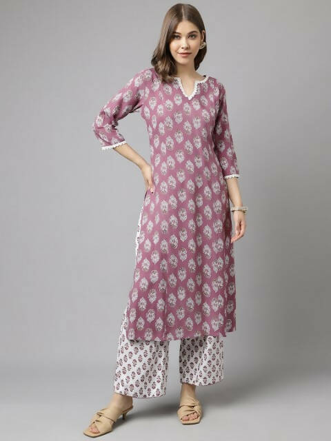 FIORRA Women's Light Purple Cotton A-Line Kurta Palazzo Set - Distacart