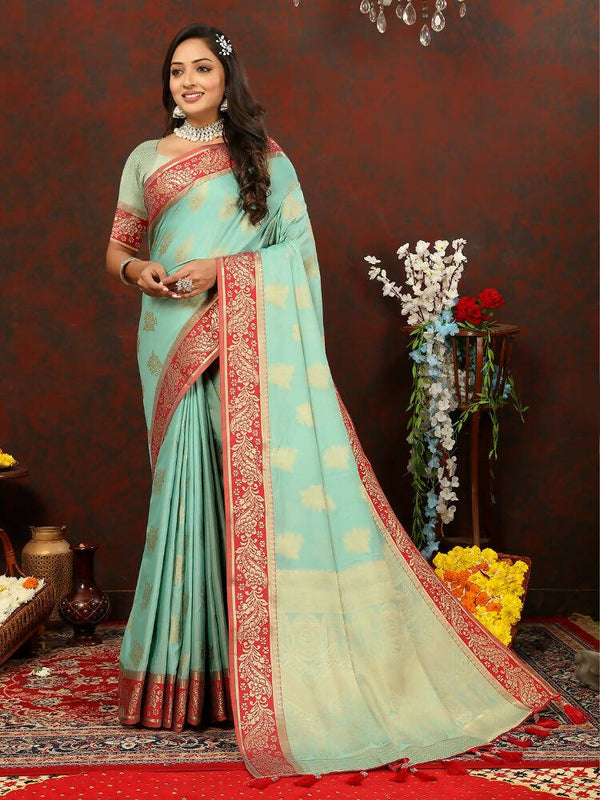 Lorenvalley Fashion Skyblue Cotton Woven Design with Zari Weaving Design Saree - Distacart